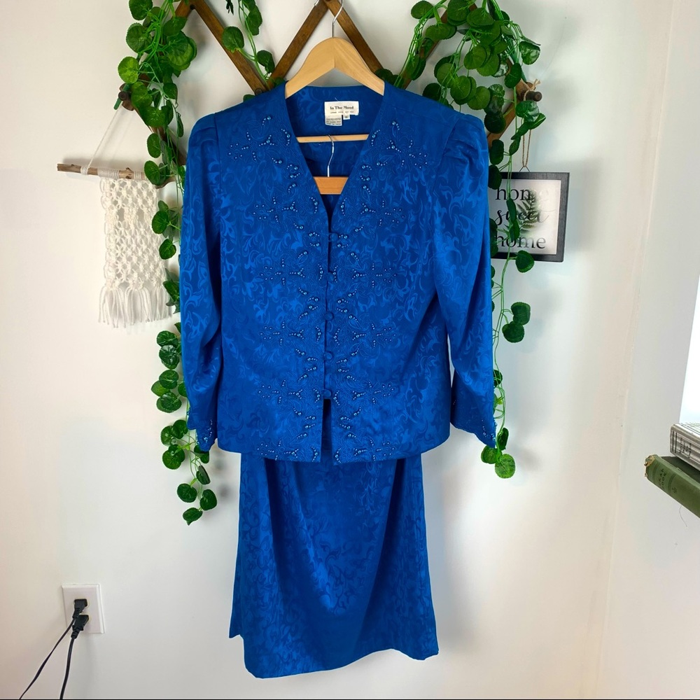 Vintage 90s 2 Pc Skirt Power Suit Royal Bright Blue Patterned “In The Mood”